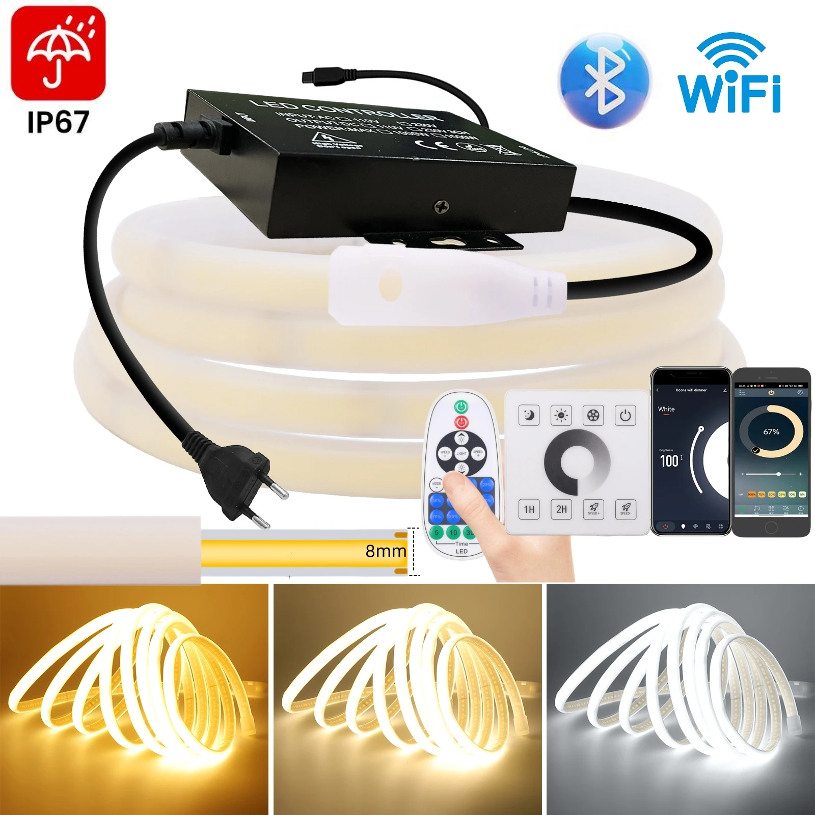 Wi-Fi/Bluetooth/Настенный сенсорный пульт дистанционного управления ИК-управление COB Светодиодная неоновая лента 220 В 1500 Вт с регулируемой яркостью 288 светодиодов Гибкая силиконовая лампа с вилкой европейского стандарта
Wi-Fi/Bluetooth/Настенный сенсорный пульт дистанционного управления ИК-управление COB Светодиодная неоновая лента 220 В 1500 Вт с регулируемой яркостью 288 светодиодов Гибкая силиконовая лампа с вилкой европейского стандарта