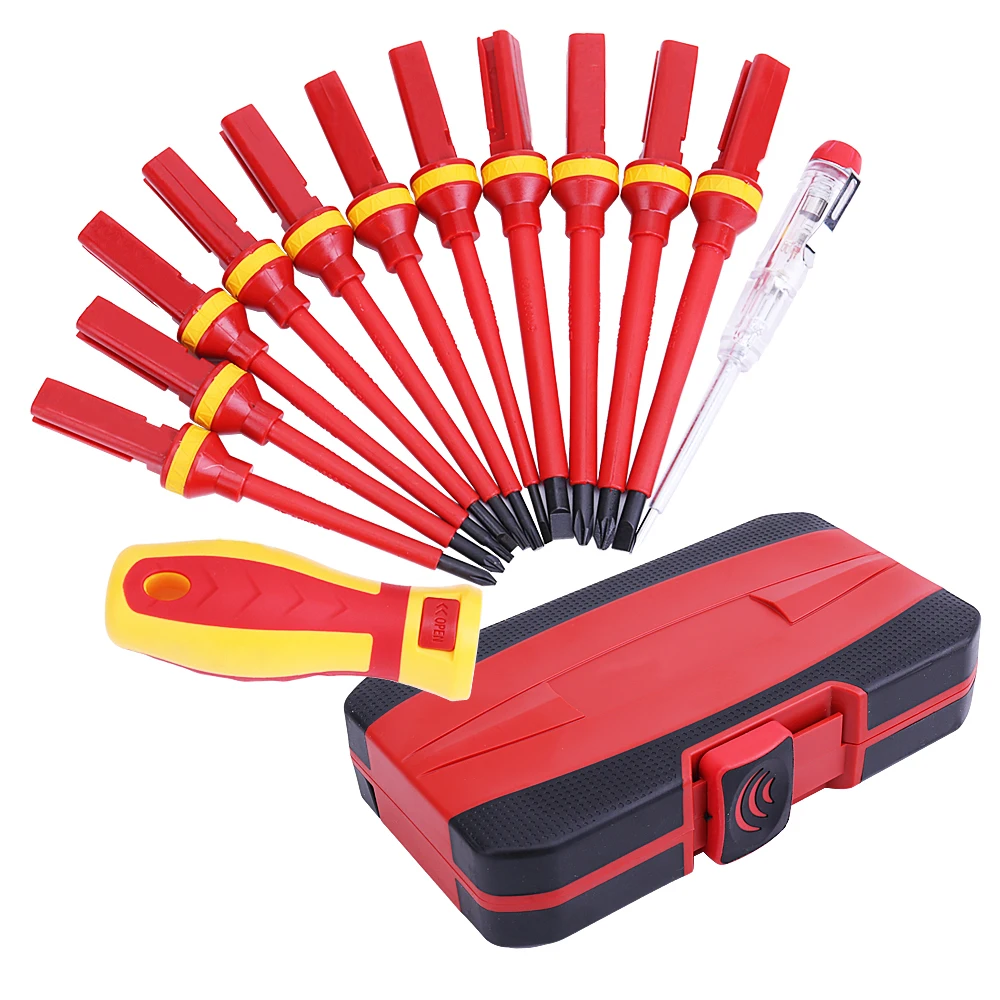 13 PCS 1000V Insulated Screwdriver Set Electrician Tool Removable Handle CR-V Magnetic Screw Driver Bits Torx Phillips Slotted
13 PCS 1000V Insulated Screwdriver Set Electrician Tool Removable Handle CR-V Magnetic Screw Driver Bits Torx Phillips Slotted