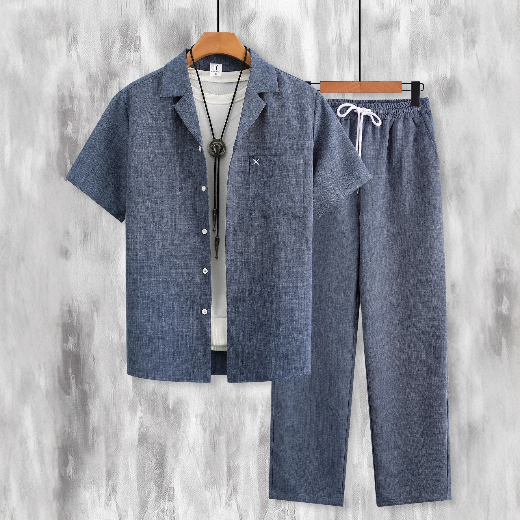 Men Solid Color Suit Collar Two Piece Outfit Iron On Design Short Sleeve Shirt Pants Loose Casual Spring Autumn Streetwear Set
Men Solid Color Suit Collar Two Piece Outfit Iron On Design Short Sleeve Shirt Pants Loose Casual Spring Autumn Streetwear Set