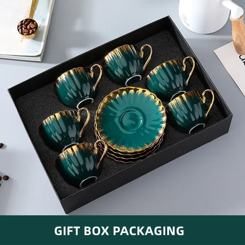 High-end tracing gold coffee cup and saucer coffee tea cup set coffee dishes Ceramic coffee cup set for 6 people for friend gift
High-end tracing gold coffee cup and saucer coffee tea cup set coffee dishes Ceramic coffee cup set for 6 people for friend gift