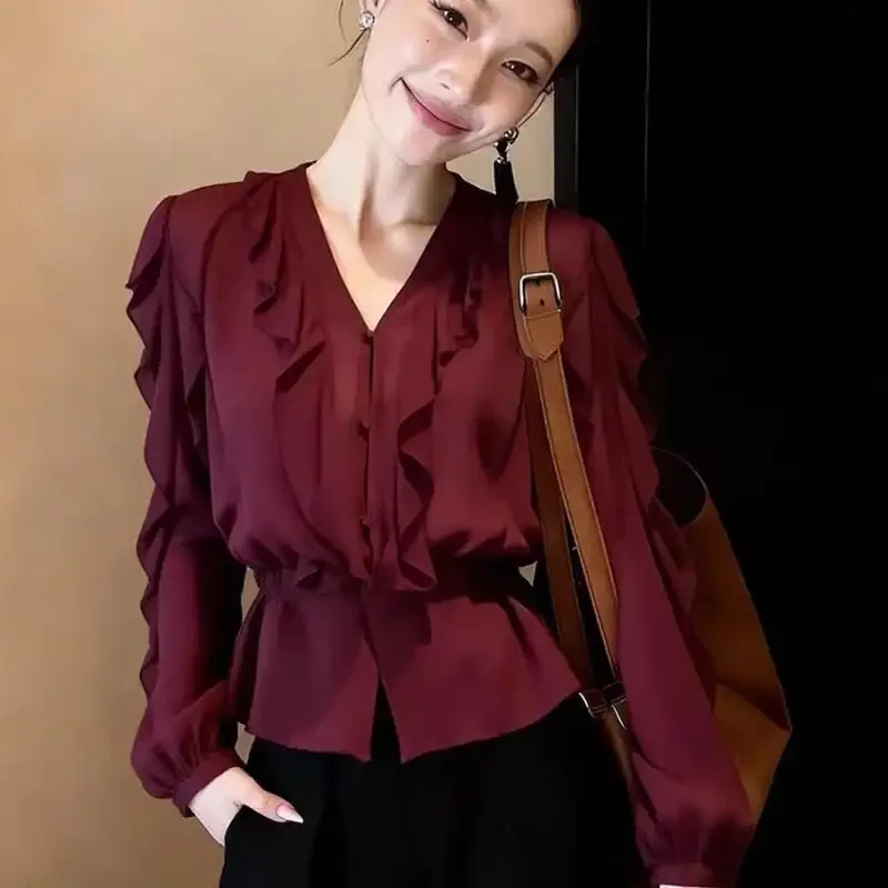 Elegant Women Shirt With Ruffles And Puff Sleeves V Neck Office Wear Spring Autumn Style
Elegant Women Shirt With Ruffles And Puff Sleeves V Neck Office Wear Spring Autumn Style