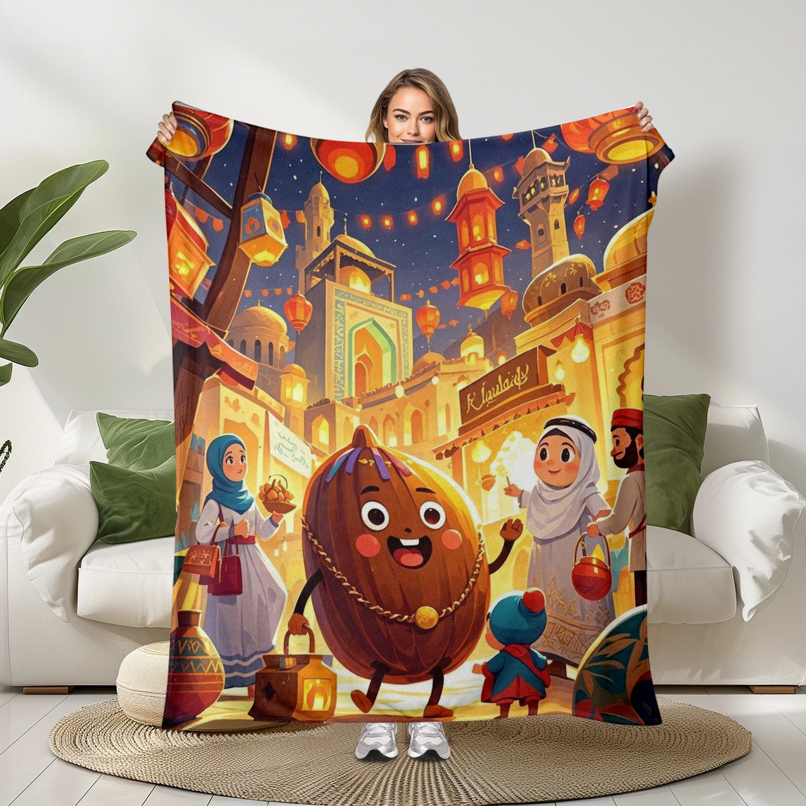 Memorial Blanket Featuring Cartoon Almond Figures And Mid East Traditional Architecture Night Views Ideal For Families
Memorial Blanket Featuring Cartoon Almond Figures And Mid East Traditional Architecture Night Views Ideal For Families