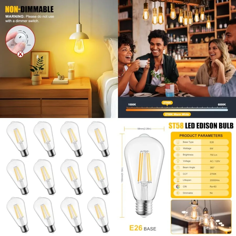 12 Pack LED Edison Bulbs, 6W, Equivalent 60W, High Bright 2700K, 750 Lumens, Non-Dimmable, E26 Medium Base ST58 Antique Filamen
12 Pack LED Edison Bulbs, 6W, Equivalent 60W, High Bright 2700K, 750 Lumens, Non-Dimmable, E26 Medium Base ST58 Antique Filamen