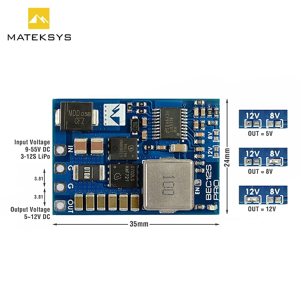 MATEKSYS BEC12S-PRO 9-55V TO 5V/8V/12V-5A BEC Module 3-12S Overcurrent Protection & Self-recovery for RC Airplane Multirotor
MATEKSYS BEC12S-PRO 9-55V TO 5V/8V/12V-5A BEC Module 3-12S Overcurrent Protection & Self-recovery for RC Airplane Multirotor