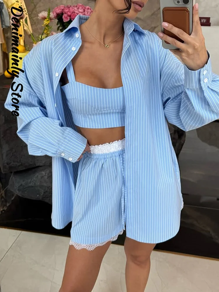Casual Striped Shirt Shorts 3 Pieces Set Women Crop Sling Loose Buttons Blouses Lace Short Pants 2025 Summer Chic Beach Suit
Casual Striped Shirt Shorts 3 Pieces Set Women Crop Sling Loose Buttons Blouses Lace Short Pants 2025 Summer Chic Beach Suit
