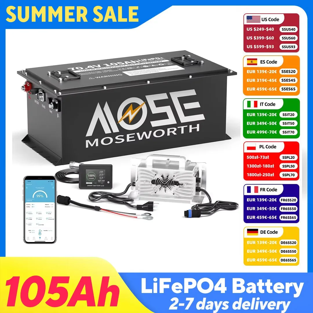 MOSEWORTH 72V 105Ah Golf Cart Battery Bluetooth LiFePO4 Battery with Touch Monitor & APP 20000 Deep Cycles and 18A Charger
MOSEWORTH 72V 105Ah Golf Cart Battery Bluetooth LiFePO4 Battery with Touch Monitor & APP 20000 Deep Cycles and 18A Charger