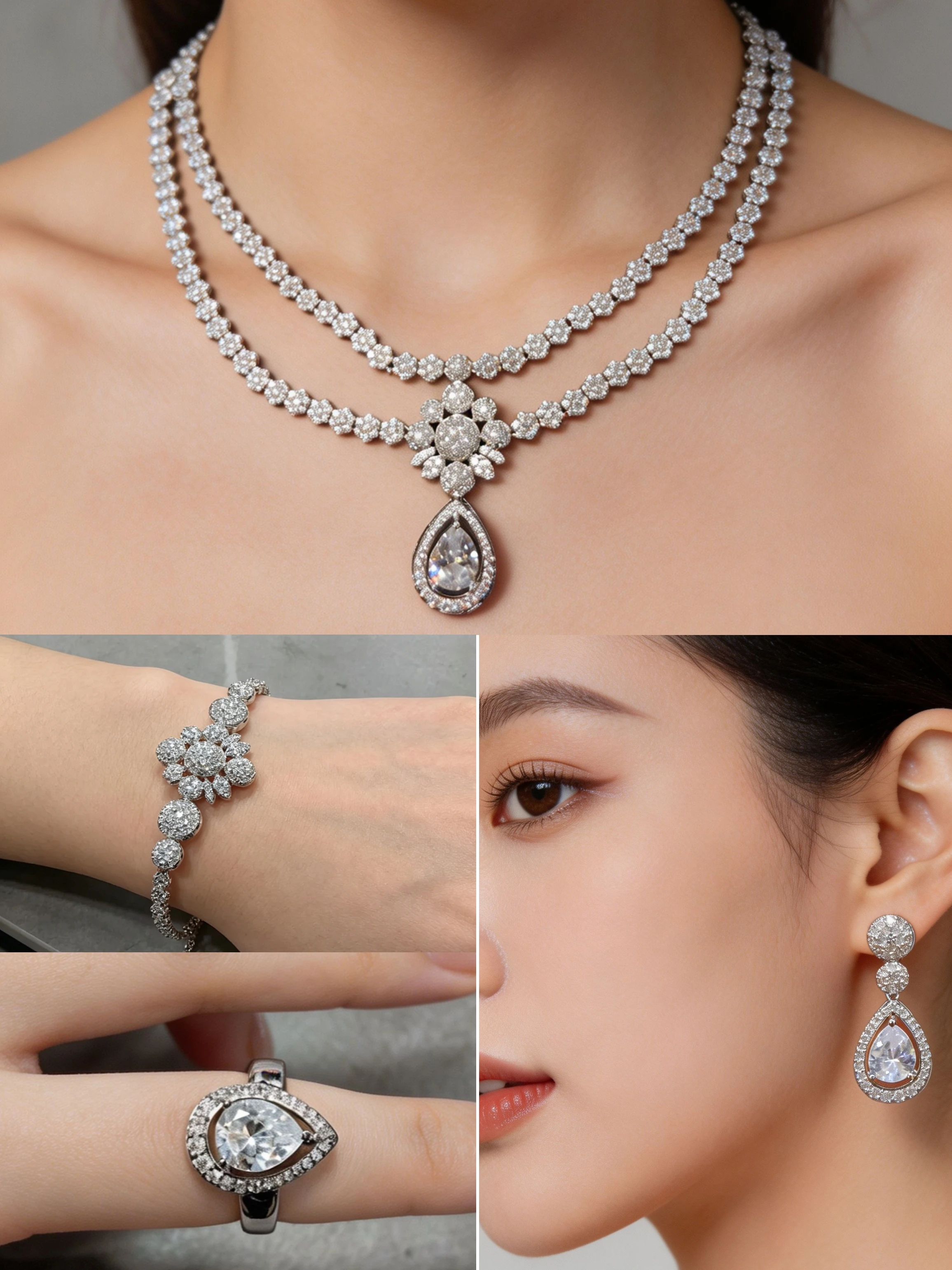 4Pcs Luxury Bridal Jewelry Set Sparkling CZ Teardrop Necklace Earrings Bracelet Ring for Wedding Banquet
4Pcs Luxury Bridal Jewelry Set Sparkling CZ Teardrop Necklace Earrings Bracelet Ring for Wedding Banquet