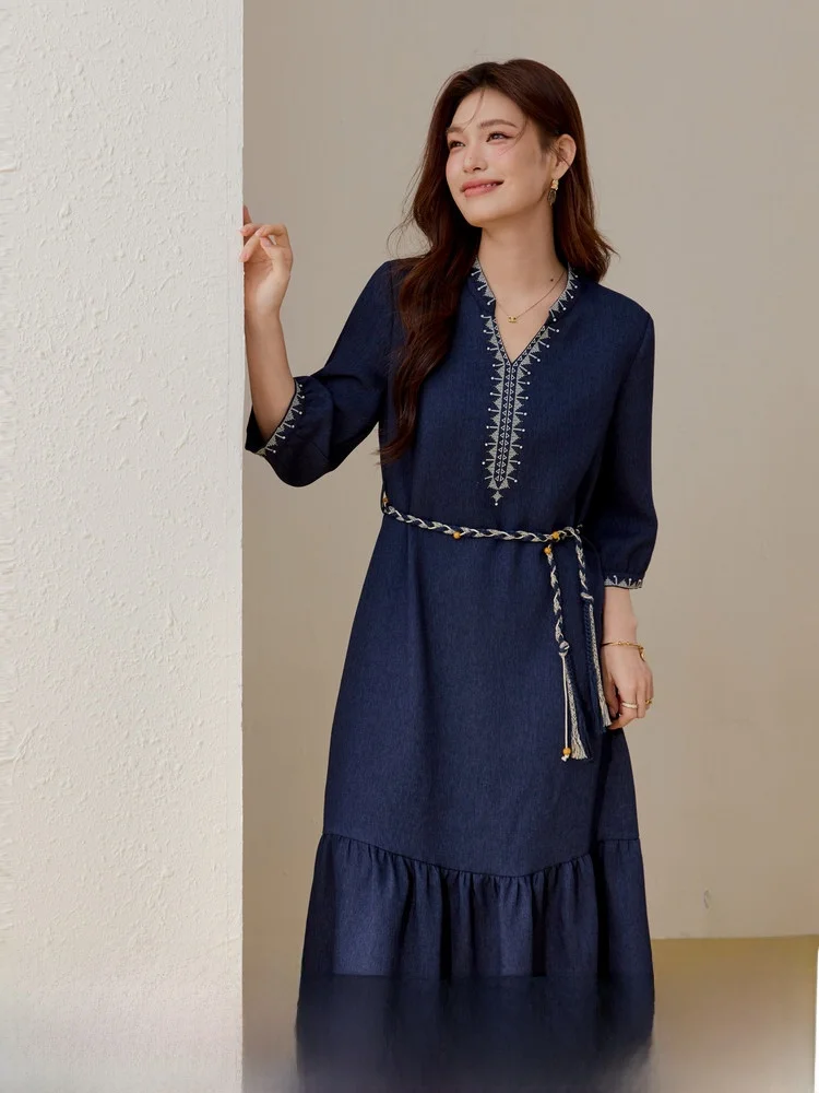 Retro k Blue Dr Woven Belt Artistic Large Size Women's Spring Faion New Arrival A-Line Midi Dr V-Ne Sve-Length
Retro k Blue Dr Woven Belt Artistic Large Size Women's Spring Faion New Arrival A-Line Midi Dr V-Ne Sve-Length