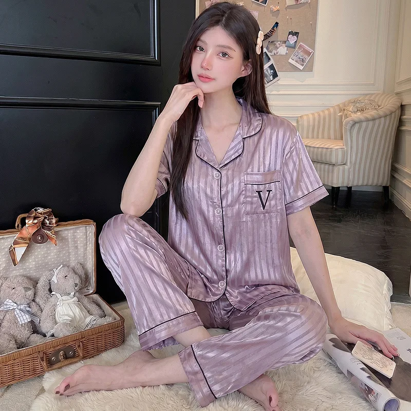 Fashionable Striped Light Luxury Summer New Ice Silk Cool Pajamas for Women, Casual Short-Sleeve and Long Pants Summer Outfit
Fashionable Striped Light Luxury Summer New Ice Silk Cool Pajamas for Women, Casual Short-Sleeve and Long Pants Summer Outfit