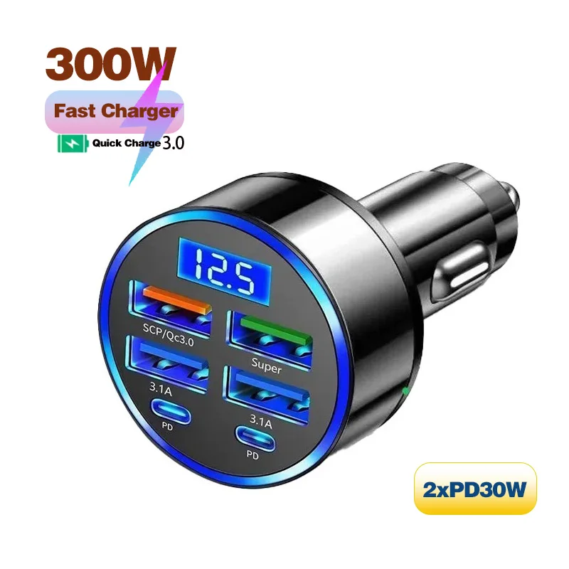 300W 6 Ports Car Charger Fast Charging PD30W/QC3.0/SCP/FCP/AFC/PSS Car Cigarette Lighter Flash Charge with Digital Display
300W 6 Ports Car Charger Fast Charging PD30W/QC3.0/SCP/FCP/AFC/PSS Car Cigarette Lighter Flash Charge with Digital Display