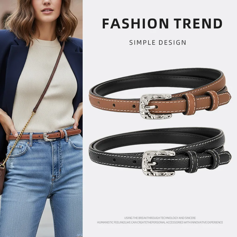 Versatile retro alloy pin buckle thin belt, feminine genuine leather belt with casual pants belt
Versatile retro alloy pin buckle thin belt, feminine genuine leather belt with casual pants belt