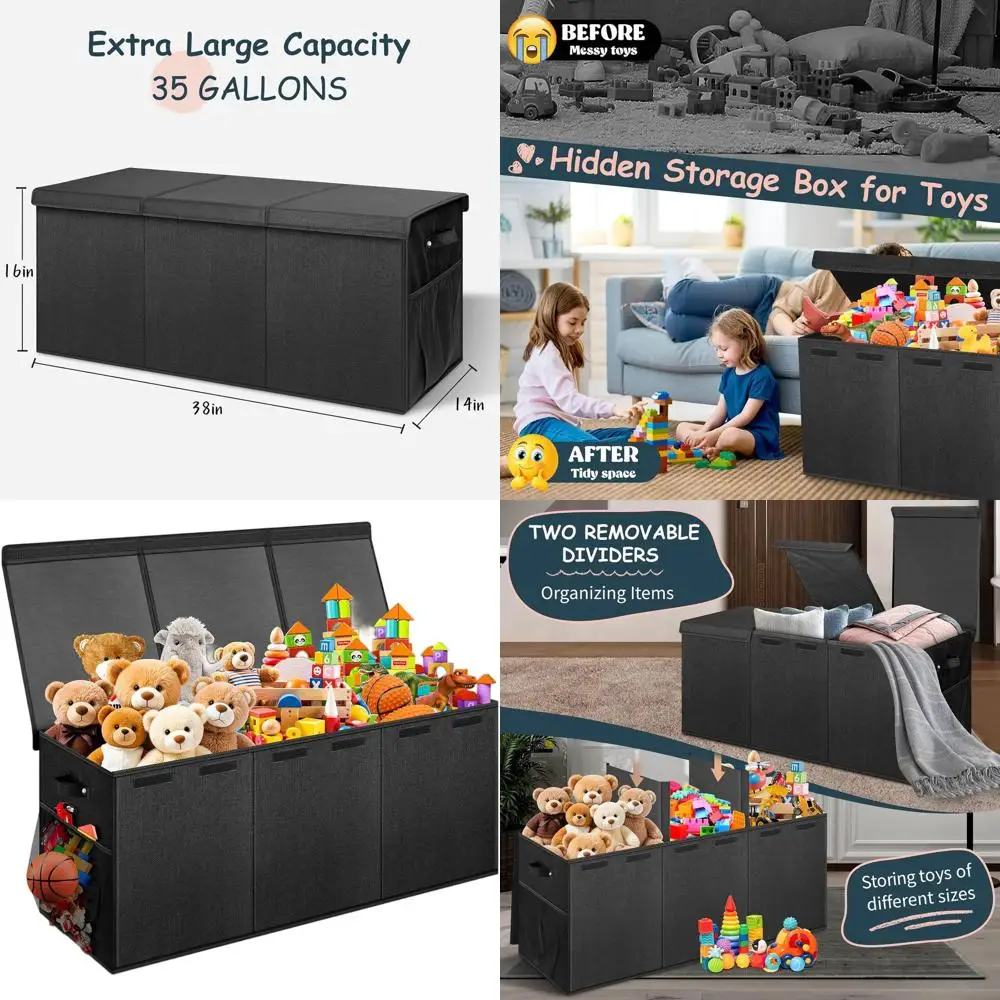 Large Sturdy Collapsible Toy Storage Bin with Dividers for Kids, 38x16x14 Inches, Black
Large Sturdy Collapsible Toy Storage Bin with Dividers for Kids, 38x16x14 Inches, Black