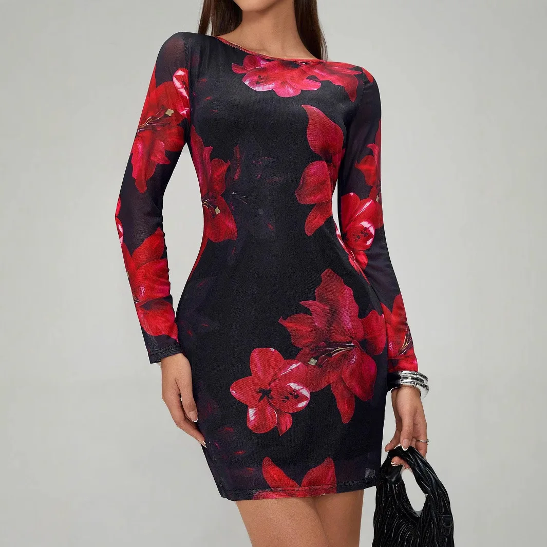 Autumn Women's Long Sleeve Hip Skirt Flower Print O-Neck Mesh Slim Sexy Nightclub Date Party Mini Skirt for Female
Autumn Women's Long Sleeve Hip Skirt Flower Print O-Neck Mesh Slim Sexy Nightclub Date Party Mini Skirt for Female