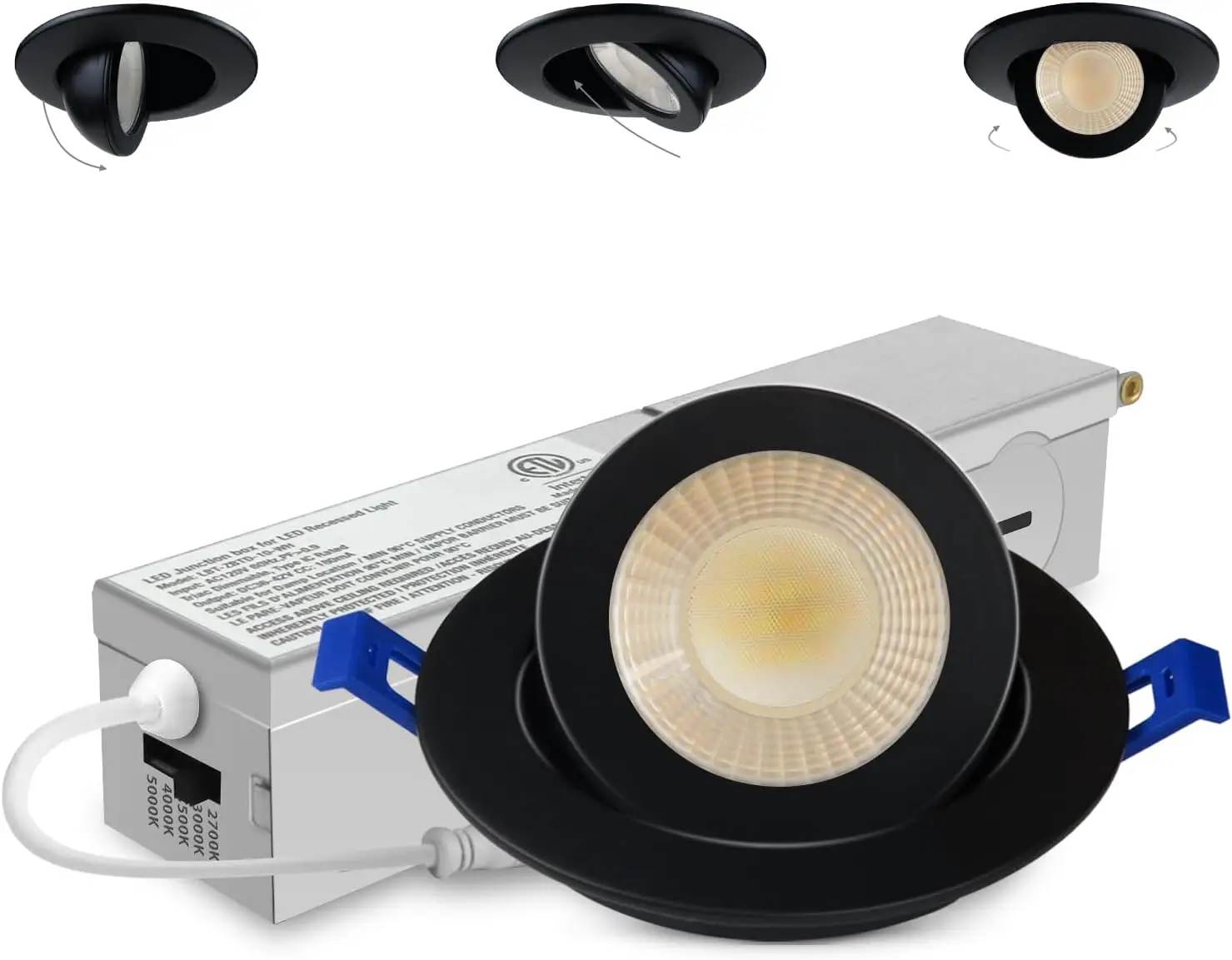 2 Inch 5CCT Gimbal Black LED Recessed Light with Junction Box, 360°+90° Adjustable, 2700K-5000K, 5W Eqv 50W, 550LM, ETL
2 Inch 5CCT Gimbal Black LED Recessed Light with Junction Box, 360°+90° Adjustable, 2700K-5000K, 5W Eqv 50W, 550LM, ETL