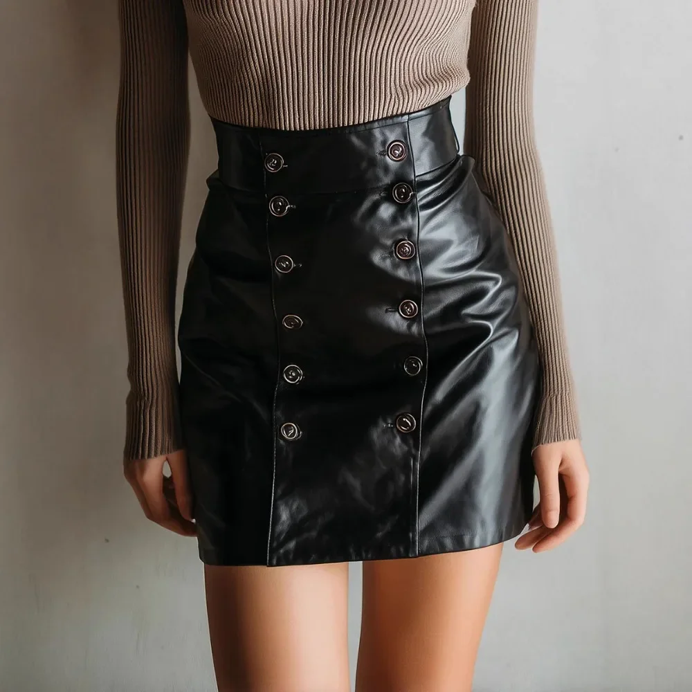 Y2K Women Mini Pu Leather Shirt Black Double Breasted Buttons High Waist A-Line Hip Short Skirt Sexy Punk Grunge Vintage Fashion
Y2K Women Mini Pu Leather Shirt Black Double Breasted Buttons High Waist A-Line Hip Short Skirt Sexy Punk Grunge Vintage Fashion