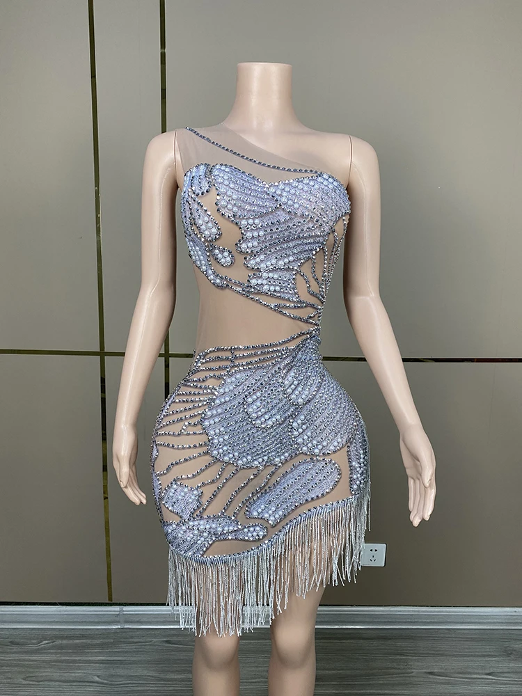 New Sexy Pearls Single Shoulder Rhinestone Mini Tassel Dress For Women
New Sexy Pearls Single Shoulder Rhinestone Mini Tassel Dress For Women