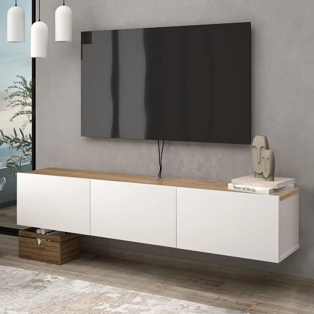 Wall-Mounted Floating TV Stand, Supports 80 TVs, White Entertainment Center with Oak Counter
Wall-Mounted Floating TV Stand, Supports 80 TVs, White Entertainment Center with Oak Counter