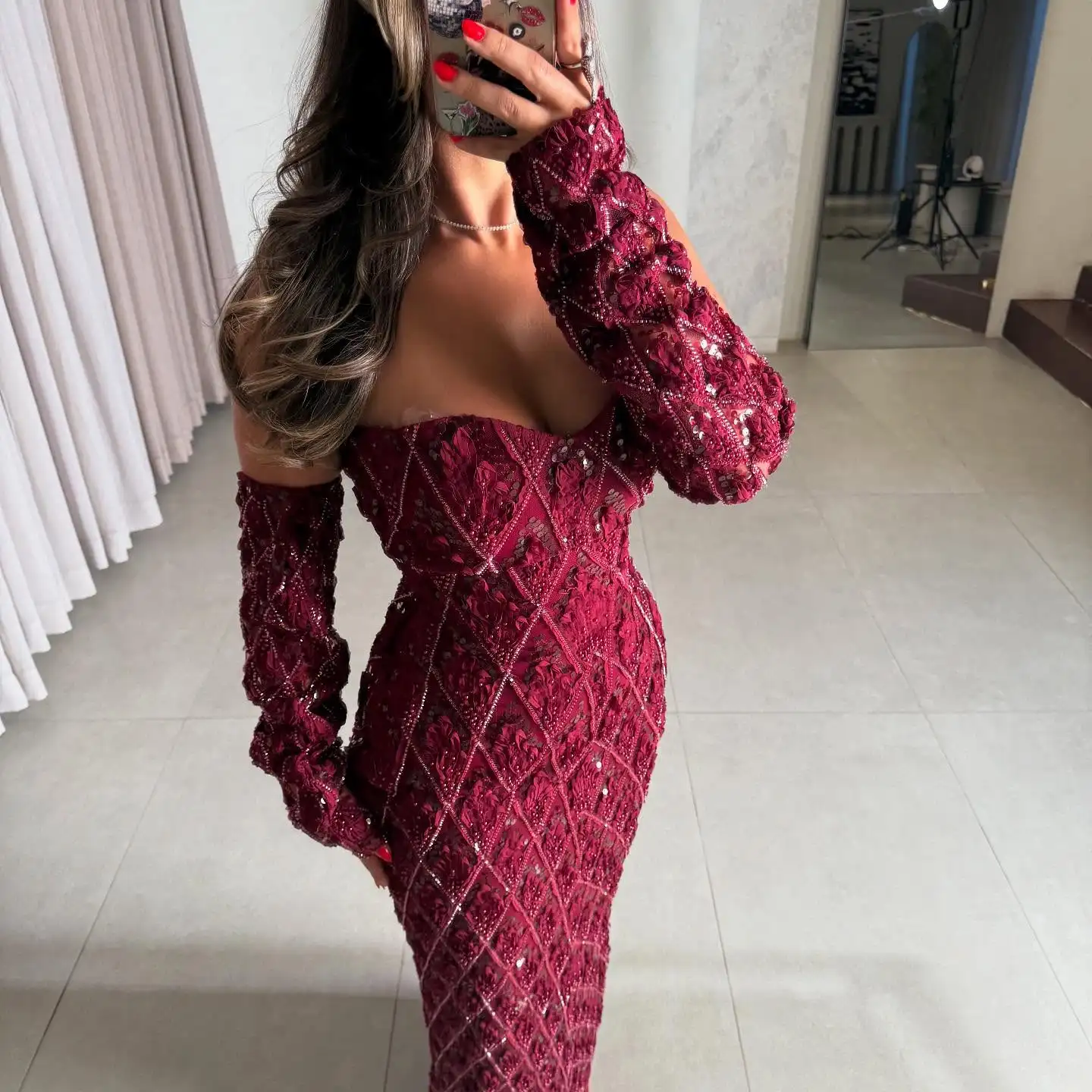 Ofherown Burgundy Beaded Prom Gown Luxury Off Shoulder Evening Dress with Detachable Long Sleeves Formal Gown for Women Party
Ofherown Burgundy Beaded Prom Gown Luxury Off Shoulder Evening Dress with Detachable Long Sleeves Formal Gown for Women Party