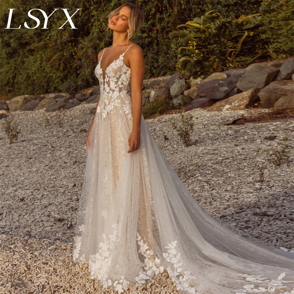 LSYX Customized Tulle Spaghetti Strap V Neck Boho Bride Dresses V Neck A Line Open Back Sequined Beach Wedding Gown Summer
LSYX Customized Tulle Spaghetti Strap V Neck Boho Bride Dresses V Neck A Line Open Back Sequined Beach Wedding Gown Summer