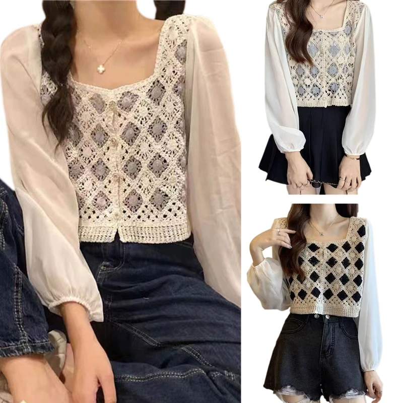 Korean Women Puff Sleeve Cardigan Crop Top Hollow Crochet Diamond Stitching Square Neck Button Sweater for Jacke
Korean Women Puff Sleeve Cardigan Crop Top Hollow Crochet Diamond Stitching Square Neck Button Sweater for Jacke