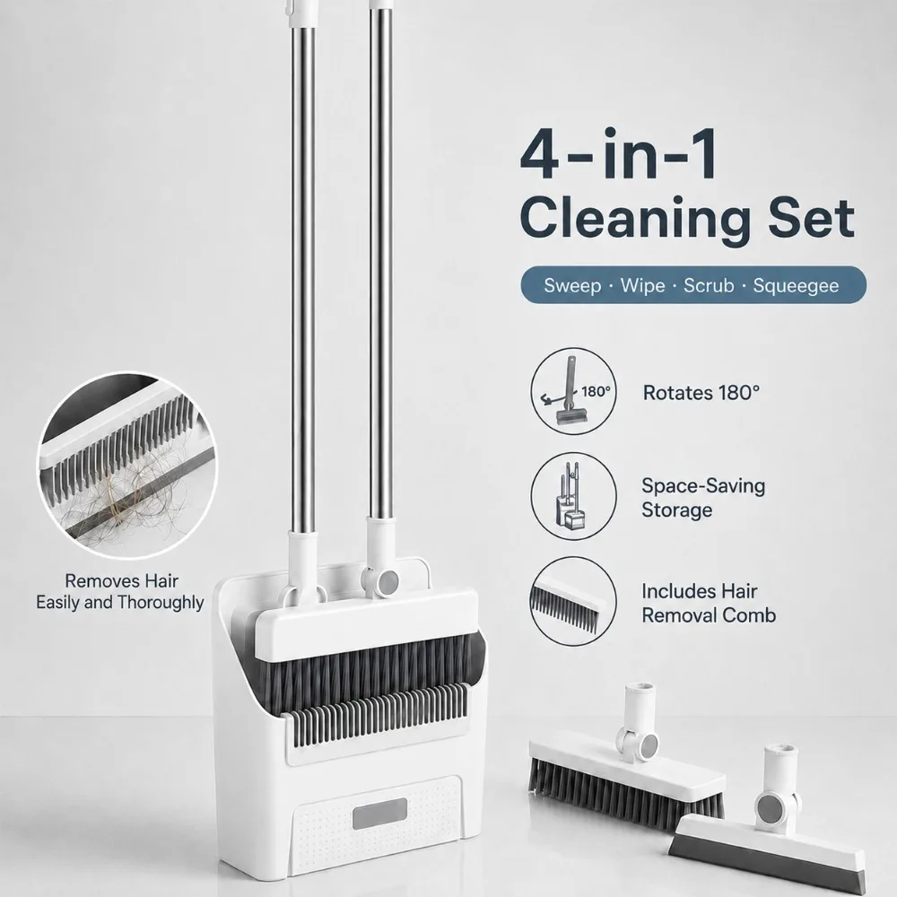 4-in-1 Broom and Dustpan Set with Floor Scrub Brush and Squeegee, 180 Degree Rotating Head, Pet Hair Remover for Hard Floor Care
4-in-1 Broom and Dustpan Set with Floor Scrub Brush and Squeegee, 180 Degree Rotating Head, Pet Hair Remover for Hard Floor Care