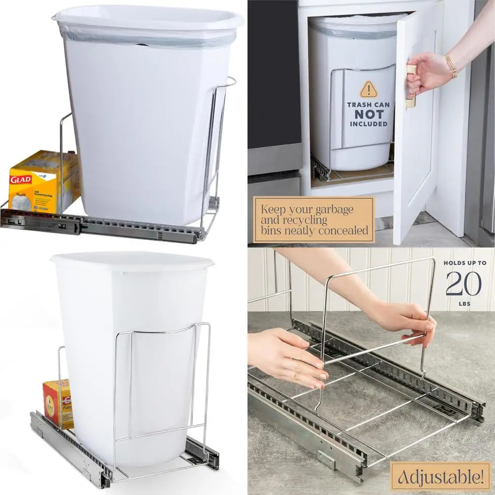 Сверхмощный хромированный выдвижной мусорный бак на 12 галлонов с плавным скольжением и держателем для сумки для 13 шкафов
Сверхмощный хромированный выдвижной мусорный бак на 12 галлонов с плавным скольжением и держателем для сумки для 13 шкафов