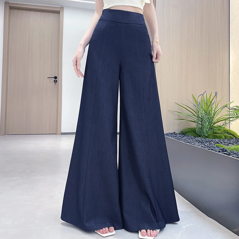 Korean style deep blue denim wide leg pants for women's summer new high-end fashion plus size elastic waist casual pants
Korean style deep blue denim wide leg pants for women's summer new high-end fashion plus size elastic waist casual pants