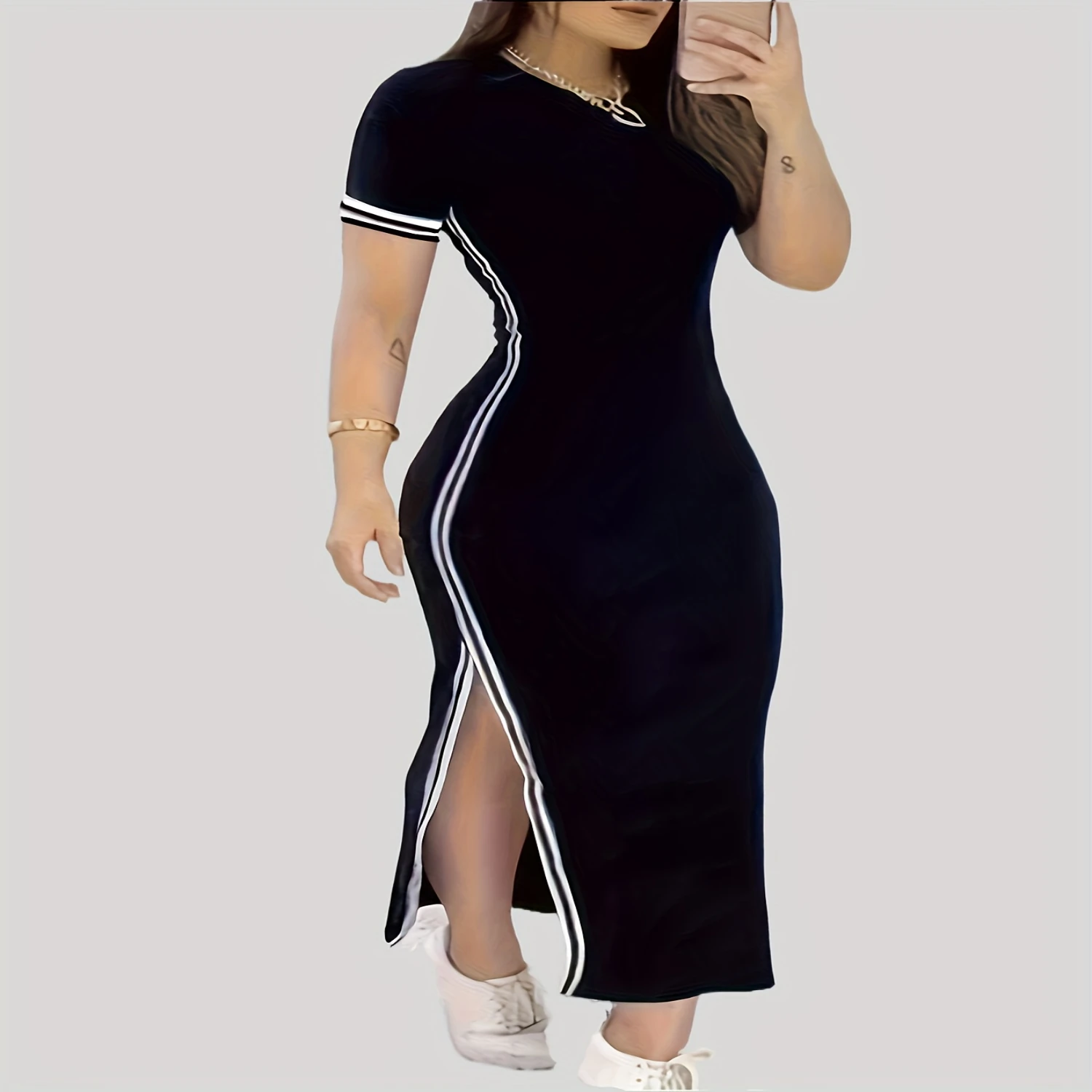 Contrast Trim Split Hem Bodycon Dress, Short Sleeve Crew Neck Casual Dress, Women's Clothing
Contrast Trim Split Hem Bodycon Dress, Short Sleeve Crew Neck Casual Dress, Women's Clothing