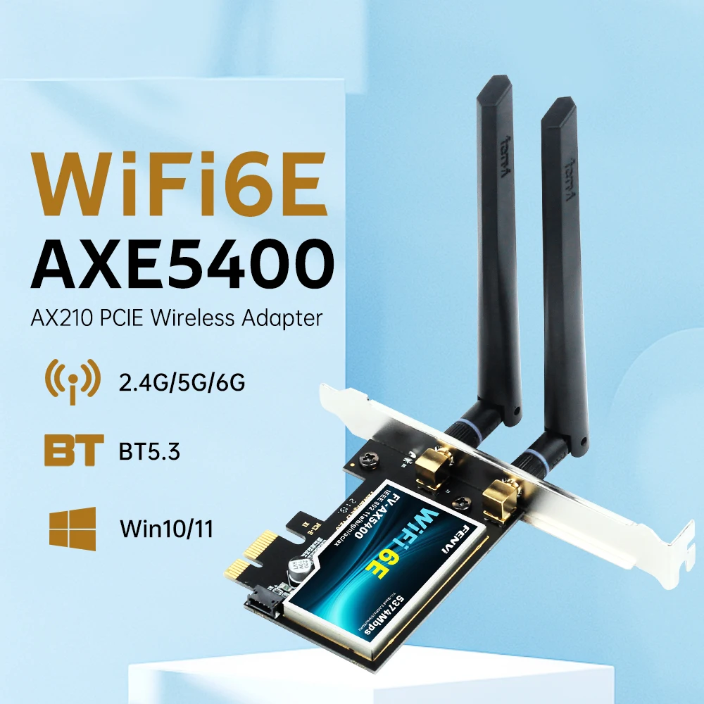 Беспроводной адаптер Fenvi AX210 WiFi 6E PCIE AXE5400 Tri Band 2.4G/5G/6GHz BT5.3 с удлинителем PCI X1 3.0 для ПК Win 10/11
Беспроводной адаптер Fenvi AX210 WiFi 6E PCIE AXE5400 Tri Band 2.4G/5G/6GHz BT5.3 с удлинителем PCI X1 3.0 для ПК Win 10/11