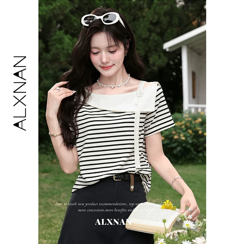 ALXNAN Striped T-shirt Off-shoulder Spliced Lapel Short Sleeve T-shirts Women Summer Casual Loose-fit Elegant Tops Ladies L65011
ALXNAN Striped T-shirt Off-shoulder Spliced Lapel Short Sleeve T-shirts Women Summer Casual Loose-fit Elegant Tops Ladies L65011