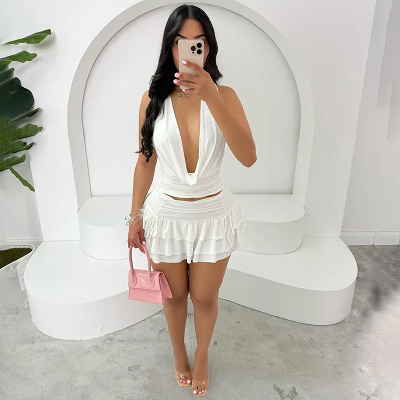 Holiday Beach Solid 2 Piece Set Women Sexy Swinging Collar Sleeveless Lace Up Backless Tank Crop Tops + Ruffles Mini Cake Skirts
Holiday Beach Solid 2 Piece Set Women Sexy Swinging Collar Sleeveless Lace Up Backless Tank Crop Tops + Ruffles Mini Cake Skirts