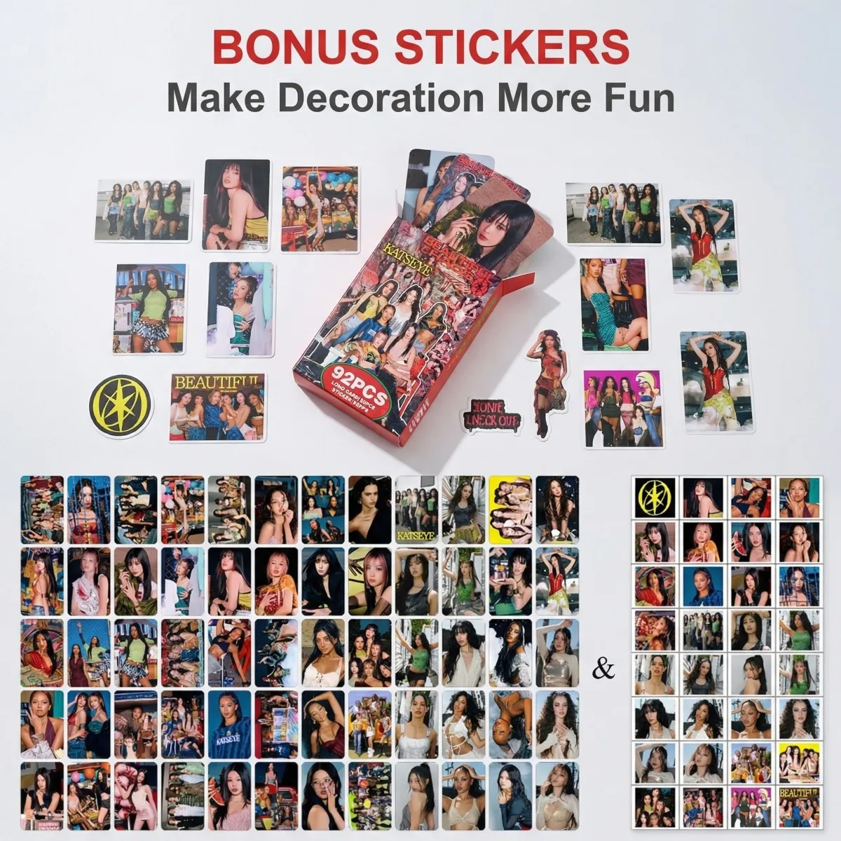 KATSEYES Card Set BEAUTIFUL CHAOS Song Themed Photocard Combo Megan Design 60LOMO Card+32Sticker Kpop Fan Party Favor Gifts
KATSEYES Card Set BEAUTIFUL CHAOS Song Themed Photocard Combo Megan Design 60LOMO Card+32Sticker Kpop Fan Party Favor Gifts