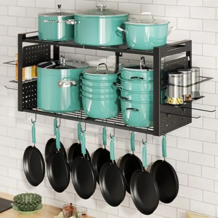 31 Inch Pot Rack Wall Mounted, 2-Tier s and Pans Organizer 20 Hooks and Pan Organizer and Spice Rack, Heavy Duty Hanging Pot Ha
31 Inch Pot Rack Wall Mounted, 2-Tier s and Pans Organizer 20 Hooks and Pan Organizer and Spice Rack, Heavy Duty Hanging Pot Ha