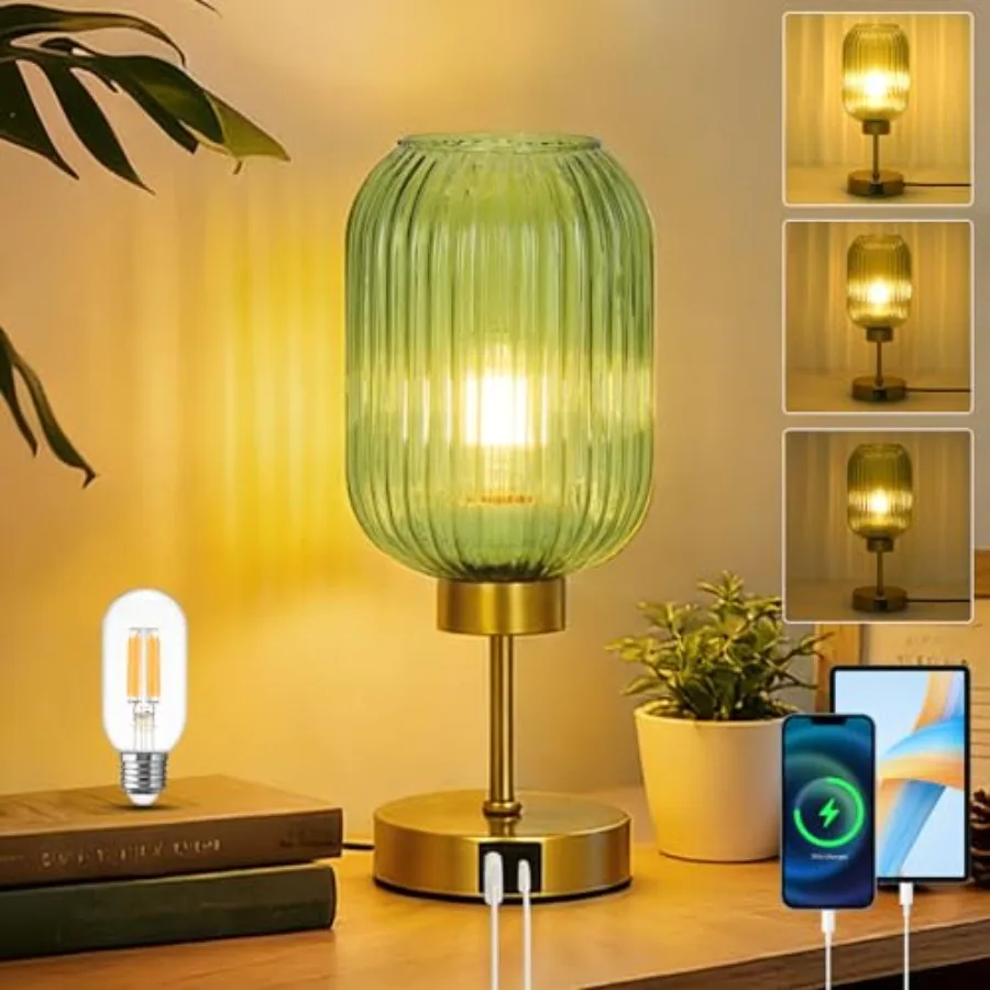 Vintage Table Lamp for Bedroom with Bulb, Small Green Glass Beside Lamp with USB Ports, 3 Way Dimmable Gold Desk Lamp, Mid Cent
Vintage Table Lamp for Bedroom with Bulb, Small Green Glass Beside Lamp with USB Ports, 3 Way Dimmable Gold Desk Lamp, Mid Cent