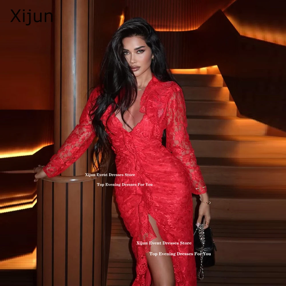Xijun Sexy Red Lace Long Evening Dresses Dark V-Neck Full Sleeves Prom Dresses Floor Length Slit Plus Size Prom Gowns Customized
Xijun Sexy Red Lace Long Evening Dresses Dark V-Neck Full Sleeves Prom Dresses Floor Length Slit Plus Size Prom Gowns Customized