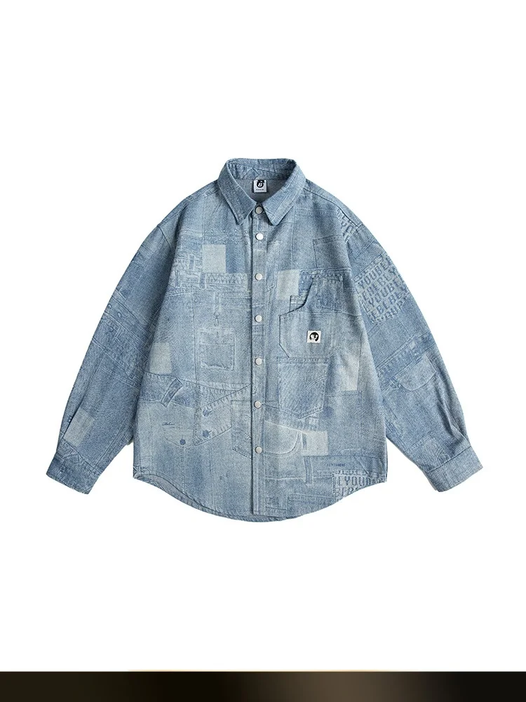 Retro American Waed Denim Long Sve irt Autumn Haome Print Splicing Couple's Outerwear Loose Fit Youth Faion
Retro American Waed Denim Long Sve irt Autumn Haome Print Splicing Couple's Outerwear Loose Fit Youth Faion