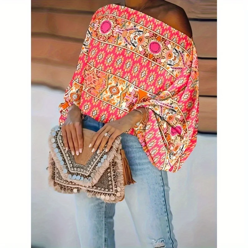 Топ с наклонным воротником на одно плечо и рукавами-фонариками в этническом стиле 
Топ с наклонным воротником на одно плечо и рукавами-фонариками в этническом стиле