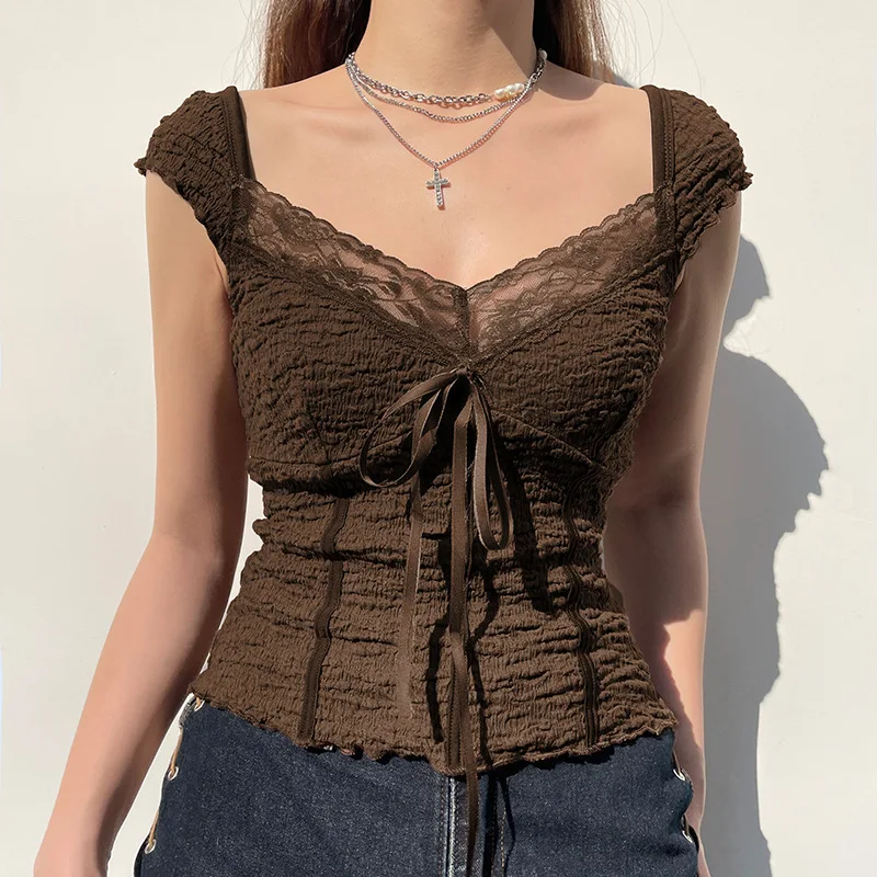 Brown Lace Crop Top y2k Bow Square Collar Summer Short Sleeve T Shirt Women Harajuku Vintage Cute Tee Korean Fairycore
Brown Lace Crop Top y2k Bow Square Collar Summer Short Sleeve T Shirt Women Harajuku Vintage Cute Tee Korean Fairycore