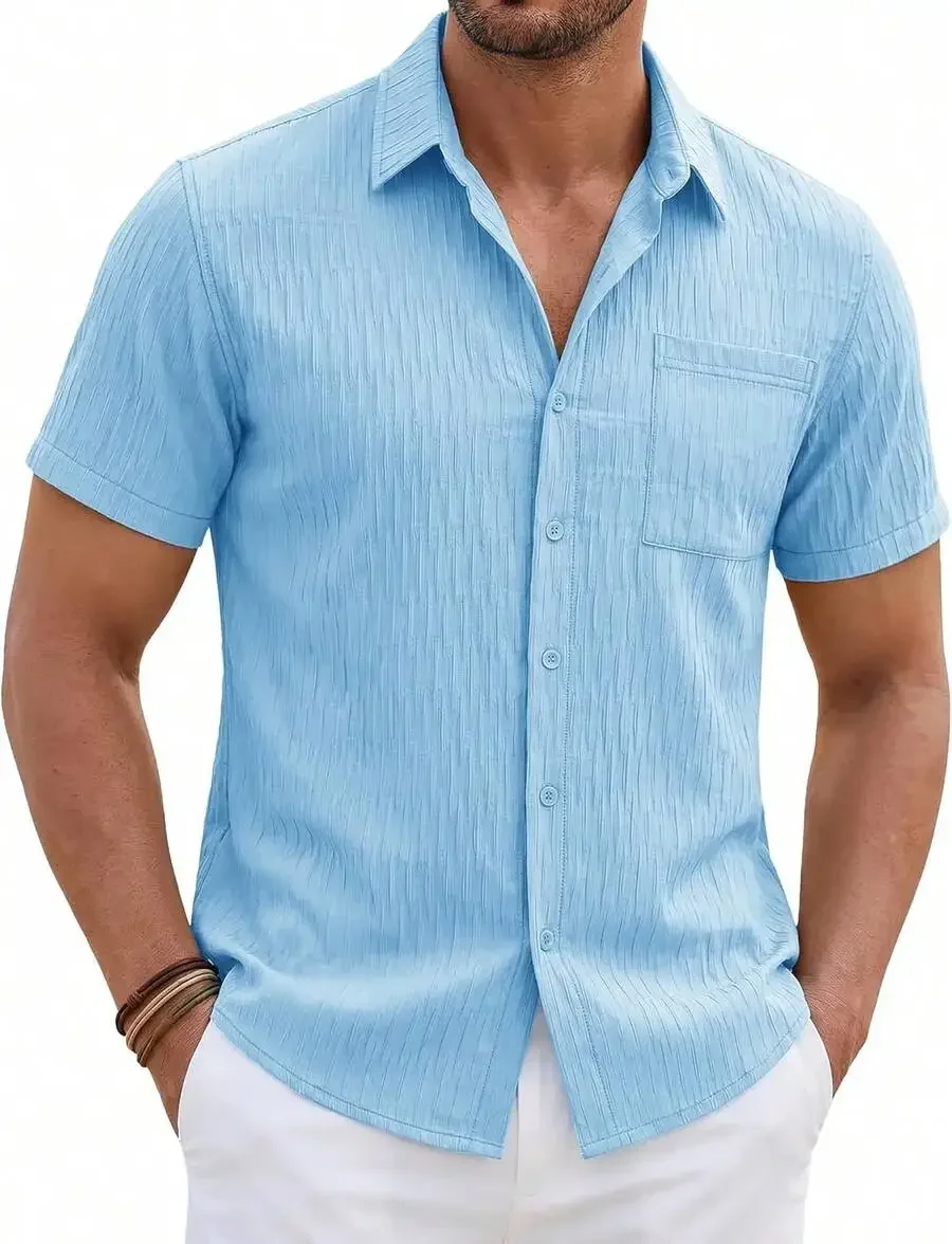 Mens Short Sleeve Button Down Shirt Textured Casual Summer Beach Top With Chest Pocket
Mens Short Sleeve Button Down Shirt Textured Casual Summer Beach Top With Chest Pocket
