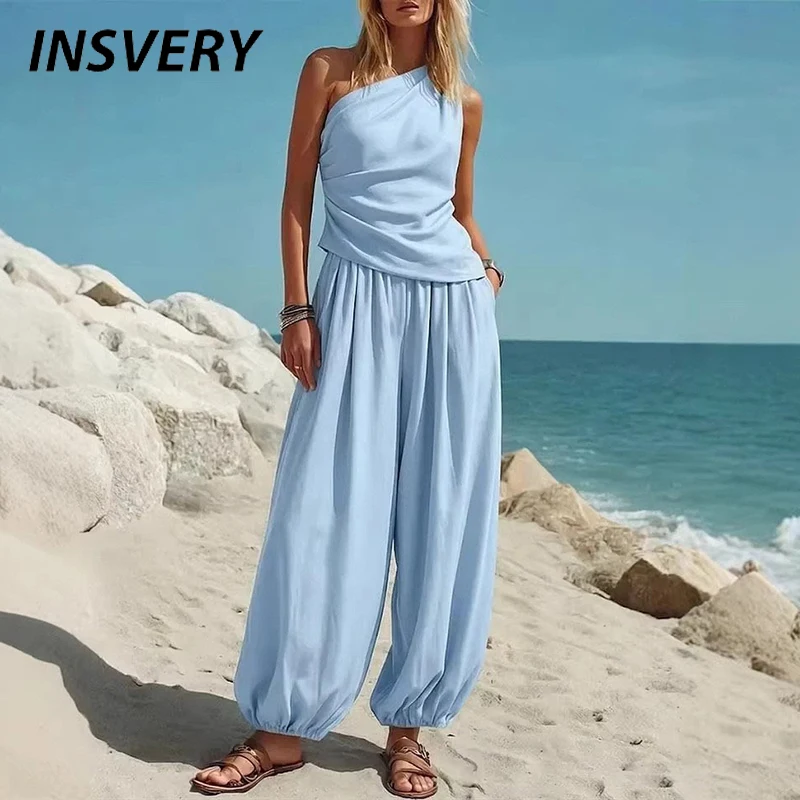 Fashion Women Two Piece Set Skew Neck Sleeveless Women T-shirts Slim Vest Loose Pants Outfits Female Casual Comfortable Suits
Fashion Women Two Piece Set Skew Neck Sleeveless Women T-shirts Slim Vest Loose Pants Outfits Female Casual Comfortable Suits