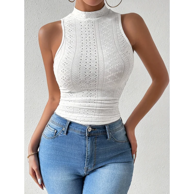 Women's Sleeveless High Neck Top - Casual Knit Vest, Solid Color, Eyelet Lace Detail, Spring/Summer
Women's Sleeveless High Neck Top - Casual Knit Vest, Solid Color, Eyelet Lace Detail, Spring/Summer