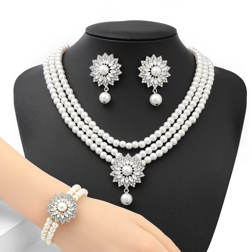 Sparkling Crystal Flower Pearl Necklace Earrings Bracelet Jewelry Set Fashion Gift for Wedding Brides' Gowns & Formal Occasions
Sparkling Crystal Flower Pearl Necklace Earrings Bracelet Jewelry Set Fashion Gift for Wedding Brides' Gowns & Formal Occasions