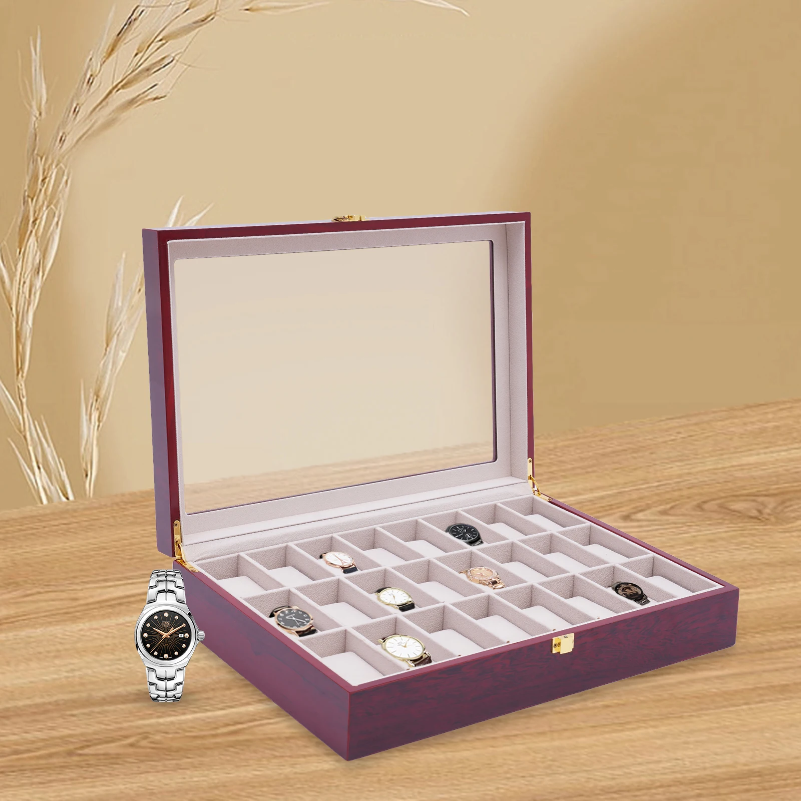 24 Slot Grids Wooden Watch Box Display Case Organizer Shopping Malls Glass Top Bracelets Jewelry Watches Storage Holder w/ Lock
24 Slot Grids Wooden Watch Box Display Case Organizer Shopping Malls Glass Top Bracelets Jewelry Watches Storage Holder w/ Lock