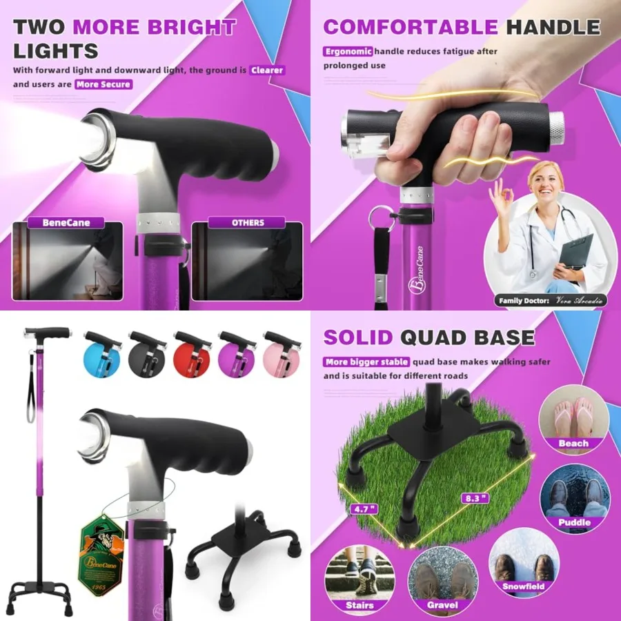 Quad Cane Walking Cane with Two Led Lights with Big Base T Handle&Lightweight Adjustable Walking Stick Four Pronged Sturdy for Men and Women
Quad Cane Walking Cane with Two Led Lights with Big Base T Handle&Lightweight Adjustable Walking Stick Four Pronged Sturdy for Men and Women