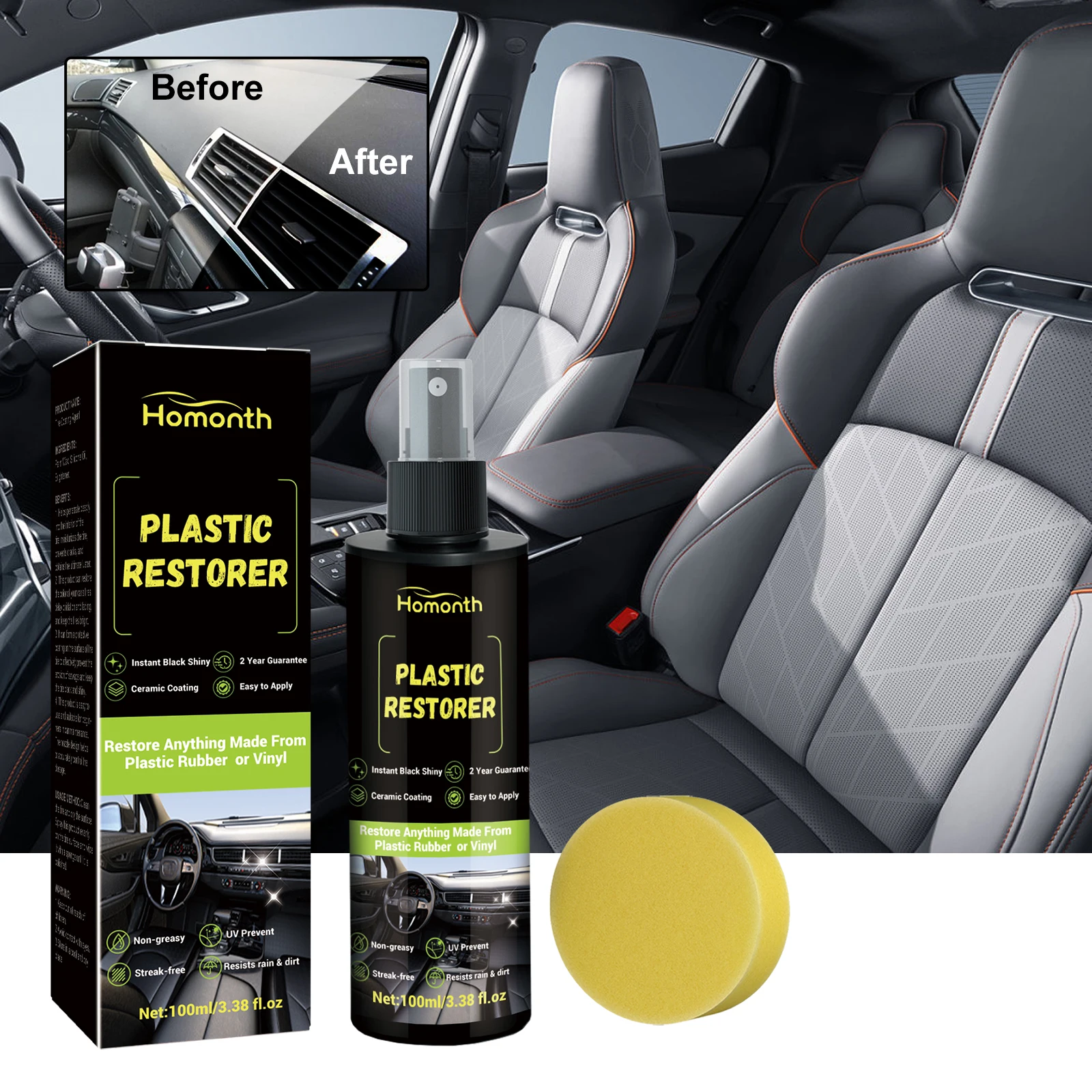 Homonth Car Plastic Parts Refurbish Agent Set, with Sponge and Nozzle, Resists Water, UV Rays, Dirt, Not Dressing 100ML
Homonth Car Plastic Parts Refurbish Agent Set, with Sponge and Nozzle, Resists Water, UV Rays, Dirt, Not Dressing 100ML
