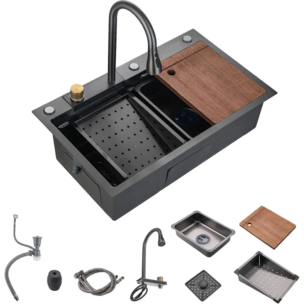 30"Kitchen Sink with aucet Combo Waterall Black StainlSteel Waterall Sink Kitchen Countertop Multi-unctional Sinks armhouse Unde
30"Kitchen Sink with aucet Combo Waterall Black StainlSteel Waterall Sink Kitchen Countertop Multi-unctional Sinks armhouse Unde