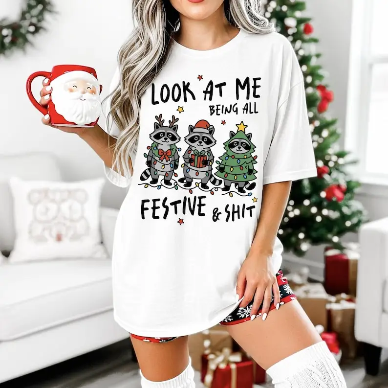 Funny Raccoons DTG Printed Christmas trees Look at Me Being All Festive and Holiday Graphic Unisex Tee printed T-shirt tops
Funny Raccoons DTG Printed Christmas trees Look at Me Being All Festive and Holiday Graphic Unisex Tee printed T-shirt tops