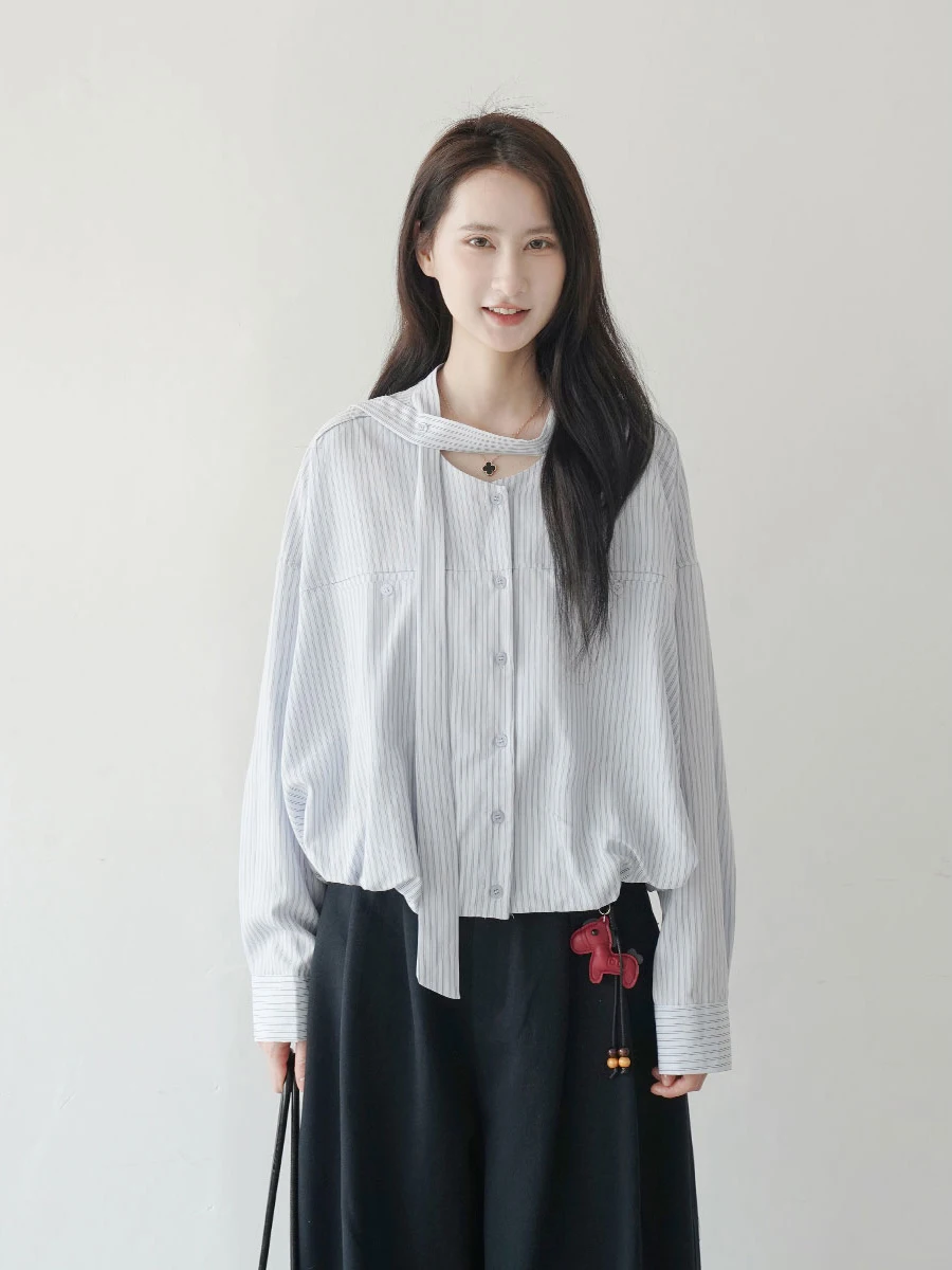 Spring V-neck Sash Casual Long Sleeve Women's Shirt Loose Fit Stripe Pattern Anti-aging Top Elegant Draped Style
Spring V-neck Sash Casual Long Sleeve Women's Shirt Loose Fit Stripe Pattern Anti-aging Top Elegant Draped Style