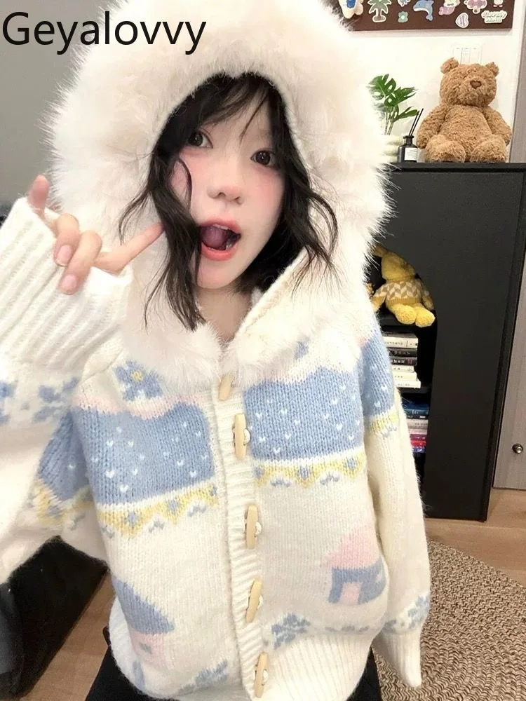 Sweet and Cute Girls Hooded Knitted Cardigan for Women Autumn Winter College Style Printed Horn Button Short Sweater Coat
Sweet and Cute Girls Hooded Knitted Cardigan for Women Autumn Winter College Style Printed Horn Button Short Sweater Coat