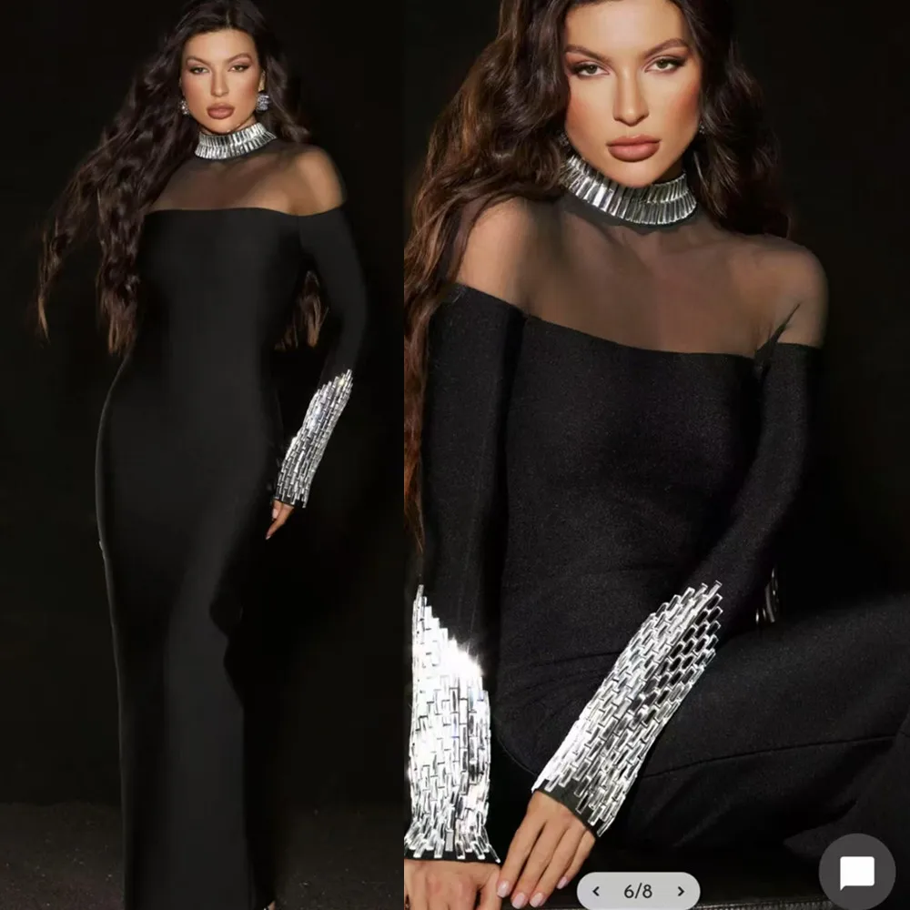 Elegant Black Long Sleeve Gown with Crystal Embellishment Wrap Dress Stand Collar Evening Dress for Women New 2024 Model
Elegant Black Long Sleeve Gown with Crystal Embellishment Wrap Dress Stand Collar Evening Dress for Women New 2024 Model